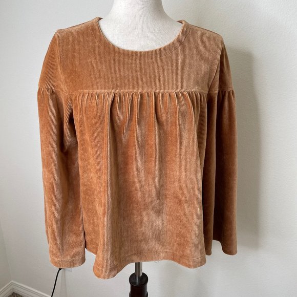 Madewell Texture & Thread Corduroy Swing Top Baby Doll Cognac Boho Pullover - Picture 3 of 14